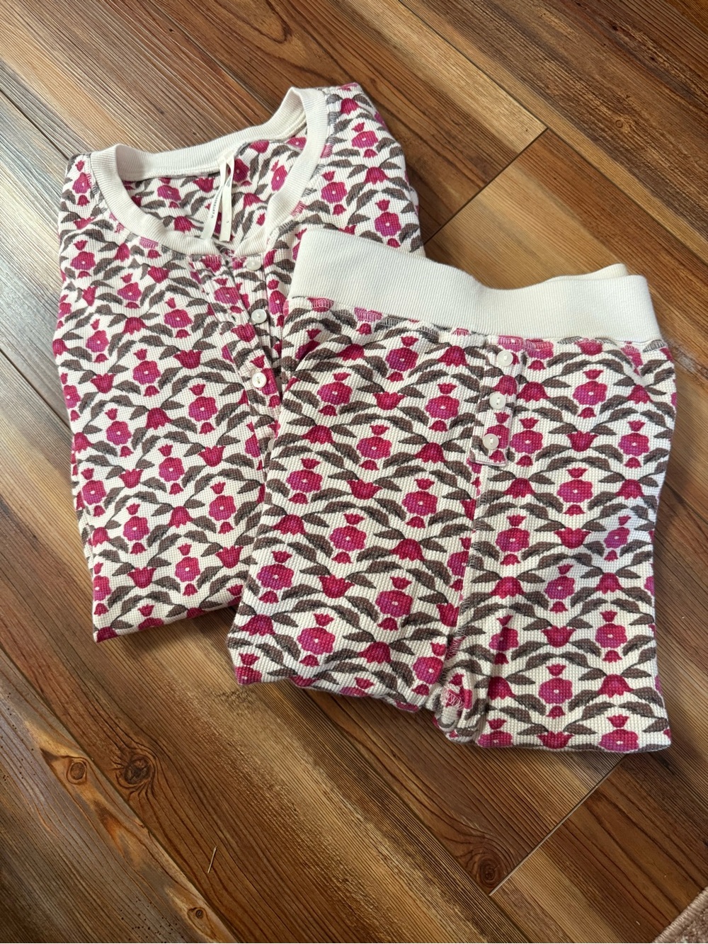 Anthropologie Pink and Cream Floral Thermal Pajama Set